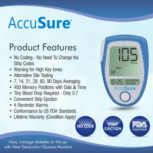 AccuSure Blue Blood Glucose Meter with Free 25 Strips