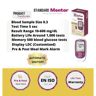 Standard Mentor Blood Glucose Monitoring Machine with 10 Strips 10 Lancets and a Lancing device